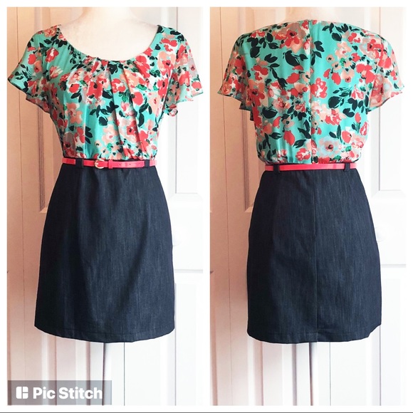 Alyx Turquoise Floral Print & Denim Dress w/ Red Belt 10 - Picture 1 of 15